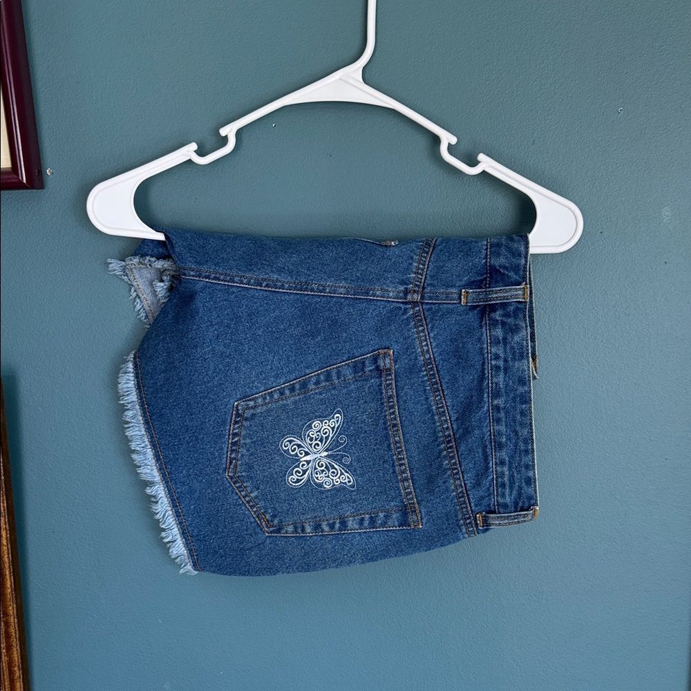Women’s Blue Denim Jean Shorts with Embroidered Butterfly